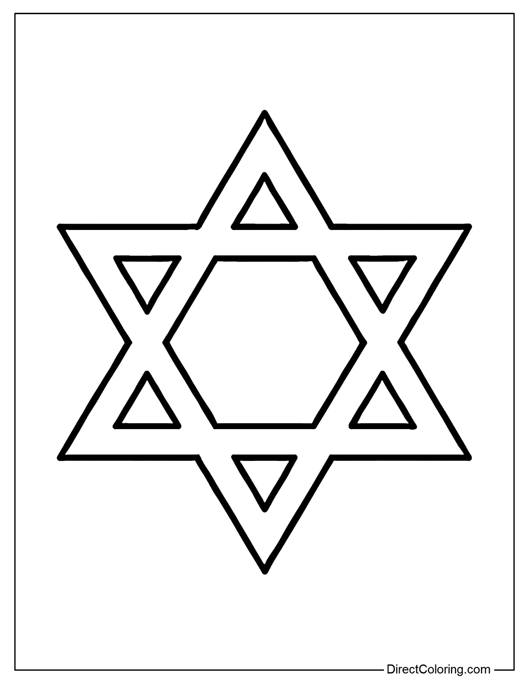 Large six-pointed Star of David coloring page, bold outline, blank background easy to color.